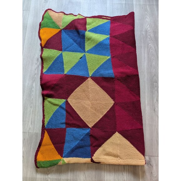 Handmade Multicolor Geometric Knit Blanket Throw 80x51 - Picture 2 of 3